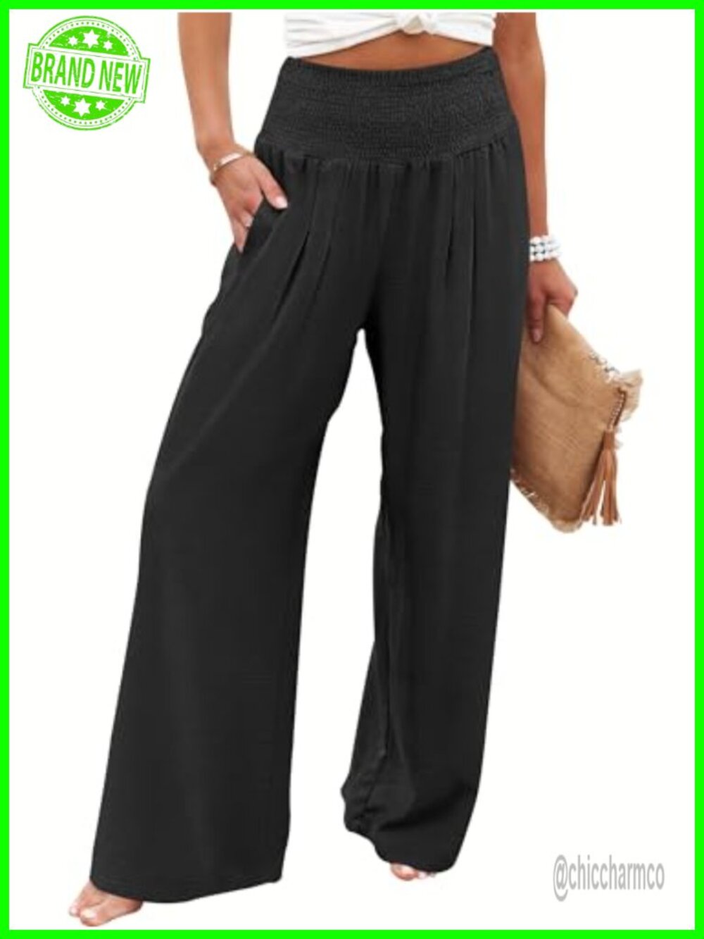 Wide Leg Palazzo Pants High Waist Smocked Pockets Loose Fit